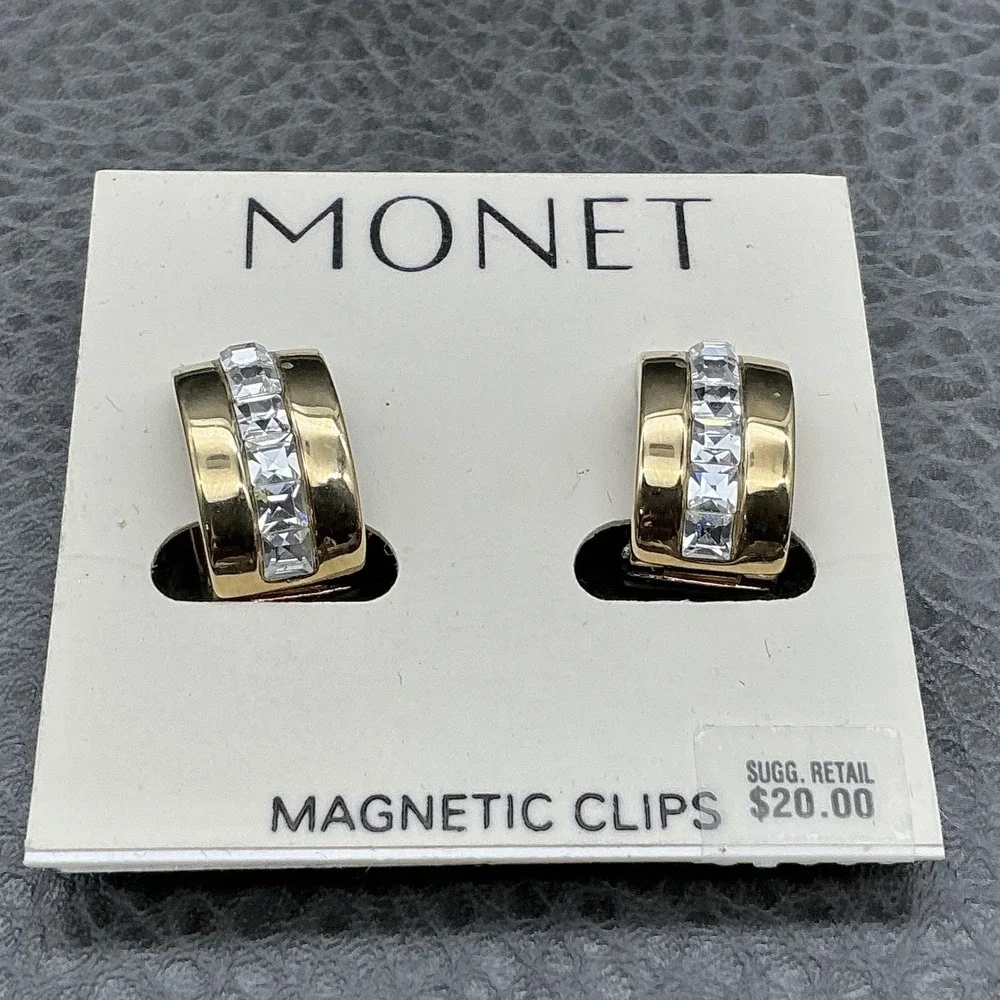 Monet Earrings Gold Tone Crystal Huggie Hoop Womens Magnetic‎ Fashion Jewelry